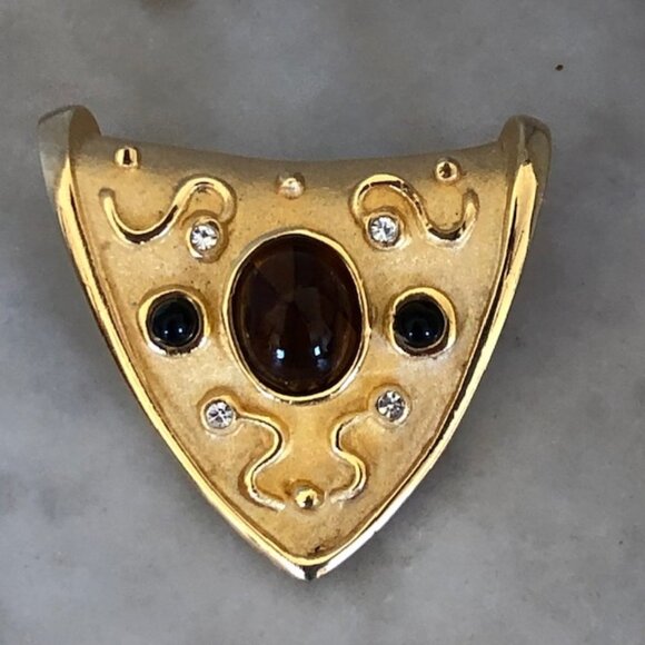 HOBE Goldtone Triangle Tiger Eye Brown Stone Necklace Pendant Signed Rare - Picture 1 of 12